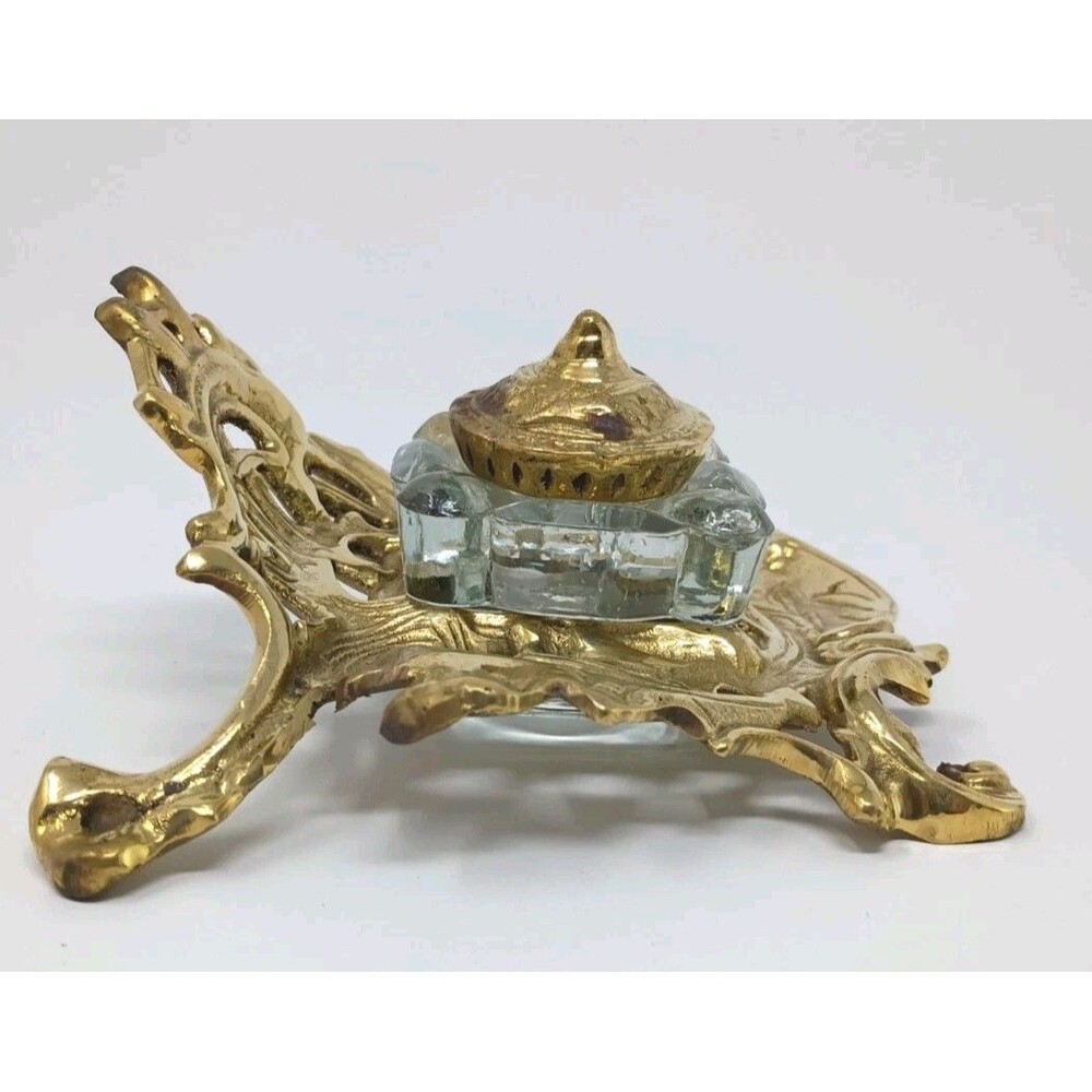 Antique Solid Brass Art Nouveau Writing Desk Set w/ Glass Inkwell - Picture 6 of 16